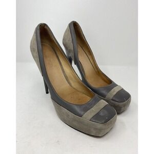 LAMB Womens‎ Platform Heels Shoes Size 9.5 Taupe Suede Grey Leather Gwen Stefani